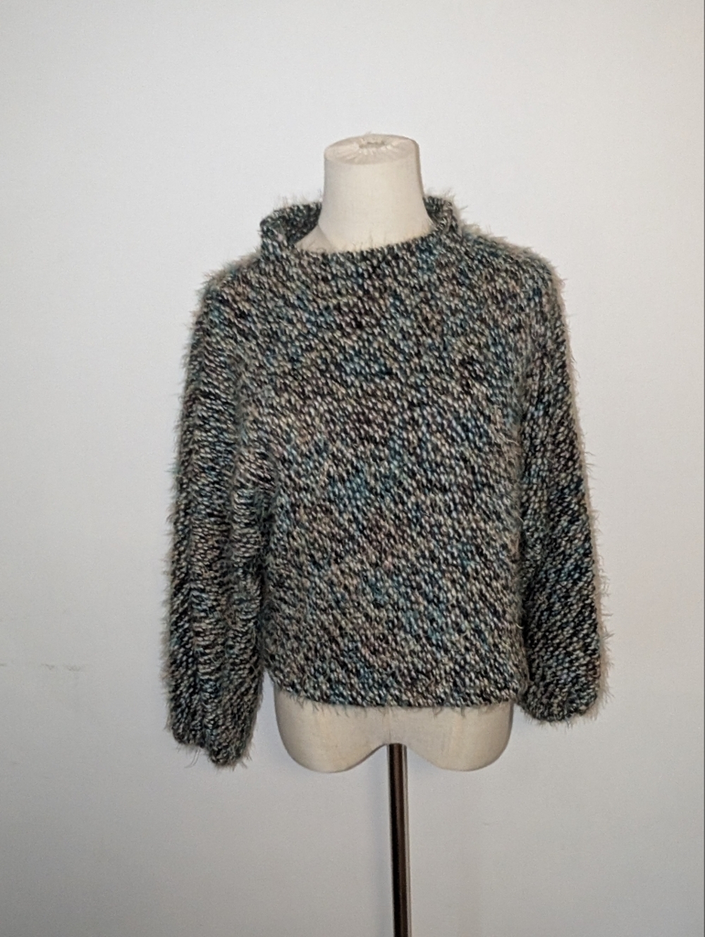 bryn Walker Marled Fuzzy Crewneck Sweater in Gray, Blue and Cream